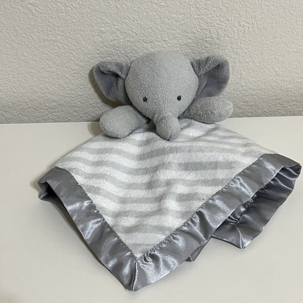 Cloud Island Gray Striped Elephant Security Blanket Lovey Lovie Satin Trim Back